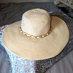 Straw Wide Brim Sun Hat with Matte Gold Chain Trim Approx 57"